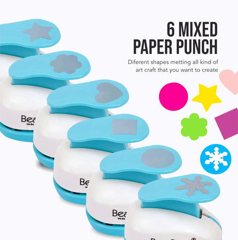 Six Shapes 1 Inch Paper Punches for Crafting Scrapbooking and Card Making, showing six blue-handled punches with star, flower, and heart designs.