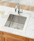 Top view of Drop In Bar Sink 15 By 15 Inch 16 Gauge Stainless Steel for outdoor wet bar and RV, installed on marble countertop.