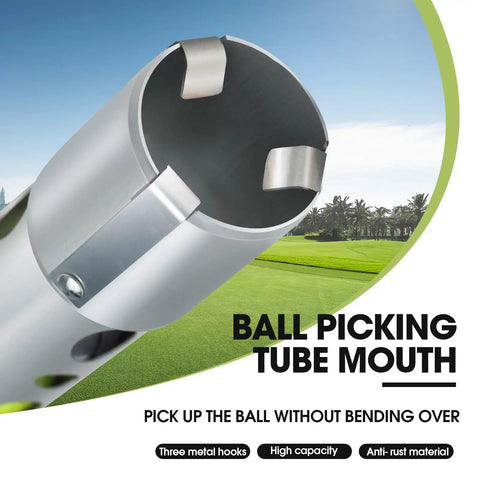 Close-up of Aluminum Golf Ball Shag Tube Picker Upper With Easy Grip Top Handle Durable Ball Retriever tool's tube mouth.