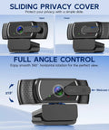 Next Gen 4K Webcam With Built In Mic For PC Streaming And Video Calls shows sliding privacy cover and full angle control feature.