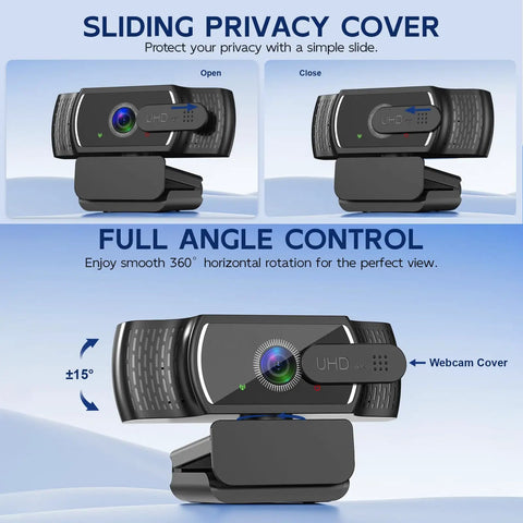 Next Gen 4K Webcam With Built In Mic For PC Streaming And Video Calls shows sliding privacy cover and full angle control feature.