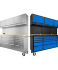 72 Inch Stainless Steel Tool Cabinet Set With Three Upper Cabinets And Fifteen Drawers Plus 72 Inch Blue Tool Box Mobile Workbench Lockable Storage Wheels For Garage Socket Outlet Rolling Two Pack