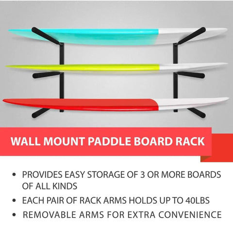 Badass Heavy Duty Steel Wall Mount Paddle Board Rack And Surfboard Hanger With Thick Padded Foam Arms for three colorful boards.