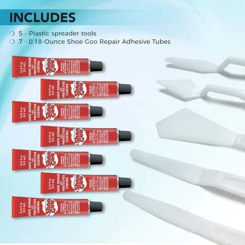 Repair Adhesive for Shoes and Boots, Clear, 7 Tubes, Includes Pixiss Spreader Tools Set displayed with adhesive tubes and tools