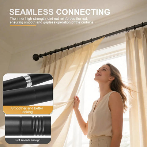 Beefy Black Curtain Rod System Fits 32 To 240 Inches Wide, 1 Inch Diameter, Space Saving Telescoping Rod With Heavy Duty Brackets