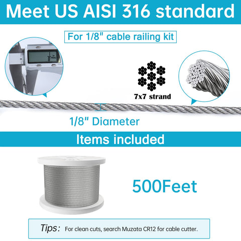 Close-up of 500 Ft One Eighth Inch Stainless Steel Cable Railing Kit T316 With 7x7 Wire Rope And 1800 Lb Breaking Strength details