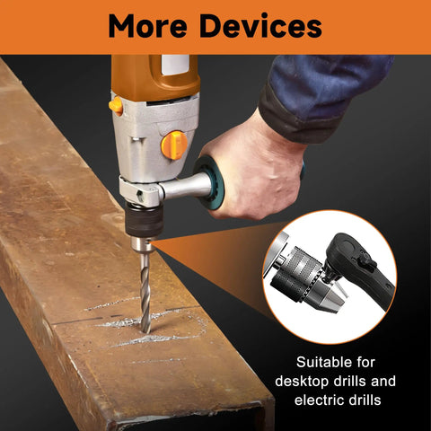 Universal 3 In One Ratchet Drill Chuck Key Wrench With Magnetic Quick Change Heads in use with electric drill on metal surface.