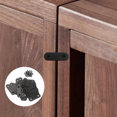 Heavy Duty Stainless Steel Straight Brackets 40 Pack To Nail Down Bed Frames And Shelves Matte Black Corner Plates on wooden cabinet edge.