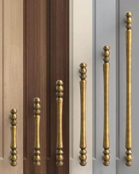10 Pack 3 Inch Antique Brass Cabinet Pulls, Vintage Zinc Alloy Handles on various wood surfaces, showcasing size and finish.