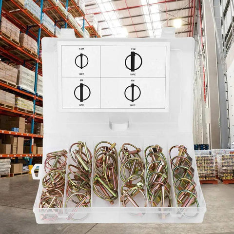 Heavy Duty Lynch Pin Set 50 Pack 65Mn Spring Steel Yellow Zinc Plated safety pins in storage box in warehouse