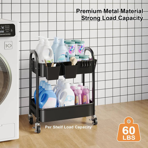 Two Tier Rolling Cart With Wheels Heavy Duty Metal Storage Organizer On Casters For Office Kitchen Craft Room Or Under Desk Trolley Small Utility Carts For Tools And Supplies Black holding laundry items against a wall.