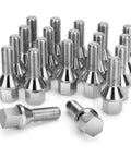 Garage Ready M12x1.25 Steel Lug Bolts Set With 28mm Shank Fits Jeep Compass Cherokee And Renegade Plus Fiat 500 Dodge Dart On Aluminum Wheels Rock Solid Grip Built Tough For The Long Haul Set Of Twenty displayed in a group, shiny steel finish and hexagonal heads.