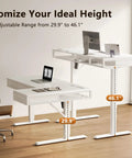 L Shaped Electric Standing Desk With Four Wooden Drawers 55 Inch Height Adjustable Corner Desk With Power Outlets Space Saving Sit Stand Table For Home Office White Ideal For Any Space showing height adjustments from 29.9 to 46.1 inches.