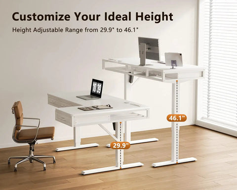 L Shaped Electric Standing Desk With Four Wooden Drawers 55 Inch Height Adjustable Corner Desk With Power Outlets Space Saving Sit Stand Table For Home Office White Ideal For Any Space showing height adjustments from 29.9 to 46.1 inches.