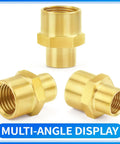 Brass Pipe Fitting Reducer Hex Coupling 3/4 NPT Female To 1/2 NPT Female Connector Three Pack Durable Quick Install Plumbing Adapter For Home Repairs And DIY Projects For DIYers, brass threads shown