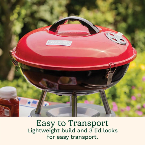 14 Inch Portable Charcoal Grill With Locking Lid And Dual Vents Lightweight Tabletop BBQ For Camping Tailgates And Cookouts