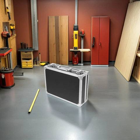 Portable Aluminum Tool Box With Lightweight Alloy Construction shown in a workshop near red cabinet and wooden boards