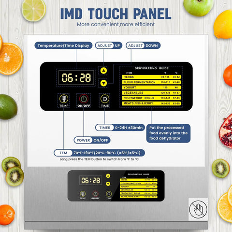 IMD touch panel display for Heavy Duty 16 Trays Commercial Food Dehydrator For Making Sweet Beef Jerky And Dried Fruit All Week Long Without Breaking A Sweat Featuring Stainless Steel Racks And A Reliable 1500 Watt Motor.