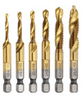 Six-Piece All in One Combination Drill and Tap Bit Set 1/8-40 BSW to 3/8-16 BSW High Speed Steel with 1/4 Inch Hex Shank Titanium Coated