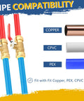 Heavy Duty One Inch Push To Connect Ball Valve With Slick Snap Fast Shut Off Operation For Stress Free Hot Cold Water Plumbing Upgrades That Works Like A Charm For Handymen And Seasoned Pros Alike Pack Of Thirty Pieces showing compatibility with copper, CPVC, and PEX pipes.