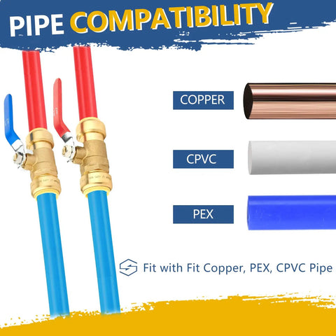 Heavy Duty One Inch Push To Connect Ball Valve With Slick Snap Fast Shut Off Operation For Stress Free Hot Cold Water Plumbing Upgrades That Works Like A Charm For Handymen And Seasoned Pros Alike Pack Of Thirty Pieces showing compatibility with copper, CPVC, and PEX pipes.