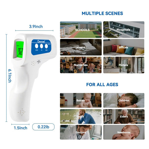 3 In 1 Non Contact Infrared Thermometer For Forehead Fever Check, Kid Friendly For Babies, Kids, And Adults, Also Reads Milk Food And Room Temperature, Backlit LCD, Fever Alarm, Batteries Not Included, 6.1-inch white handheld device