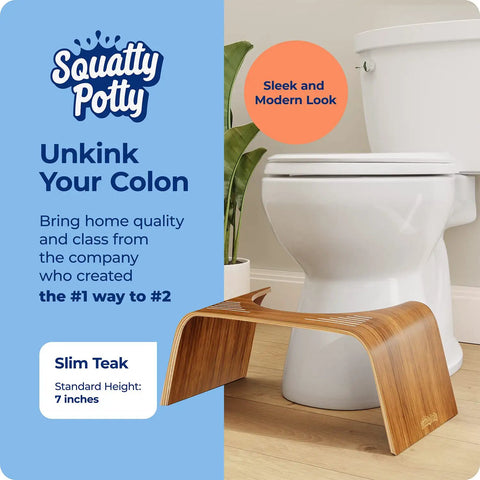 Teak Wood Toilet Stool Slim 7 Inch Height For Natural Pooping Position Upgrade next to toilet in bathroom setting