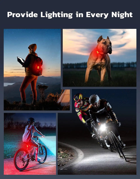 Night scene with Ultra Slim USB Rechargeable Bike Lights Front And Rear Set for night riding, illuminating cyclists and a walker.