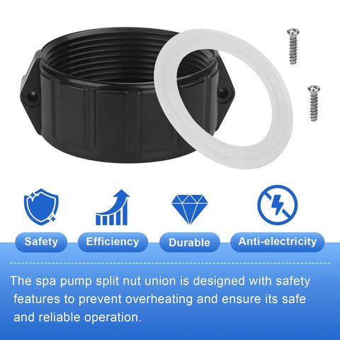 2 Inch Spa Heater Split Nut Unions with Screw O Rings Replacement for Balboa Gecko Hot Tub Pool and Spa Parts, black nut, gasket, screws