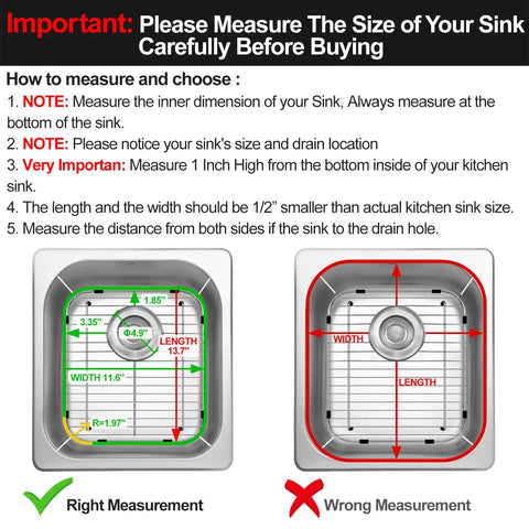 Guide for measuring kitchen sink for Two Pack 304 Stainless Steel Sink Grids For Rear Drain Sinks Built To Last Durable Kitchen Sink Protectors 13.2 By 11.5 Inches Anti Scratch Metal Rack With Strainer Included
