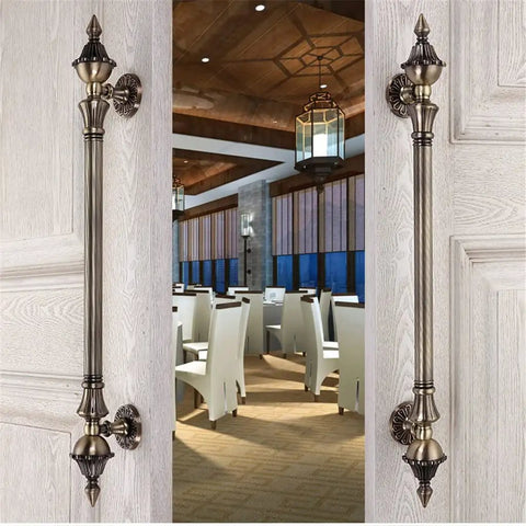 European Retro Push Door Handles With Antique Wooden Look Old School Charm for Outdoor Gates on Wooden Door in Restaurant