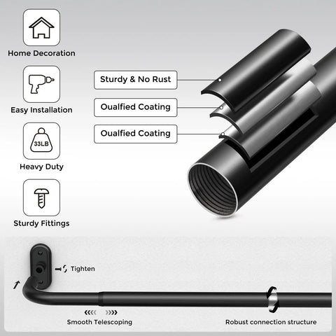 Wrap Around Curtain Rods Beefy Blackout Heavy Duty 1 Inch Curtain Pole For Windows 48 To 84 Inches Matte Black All Metal Construction Curved Modern Drapery Rod With Unique Design showing cross-section and features