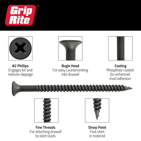Heavy Duty Six By Two Inch Phillips Bugle Head Drywall Screws Featuring Fine Threads And Protective Phosphate Coating For Light Gauge Steel Studs Ships In A Convenient One Pound Box Making Installations A Breeze Without Any Hassle, showing screw details.