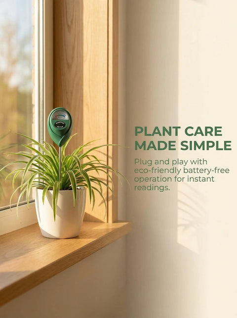 Moisture Meter For Plants No Batteries Needed Garden Water Monitor With Hygrometer Dial For Indoor And Outdoor Gardening Tools For Plant Fam To Prevent Overwatering And Underwatering And Promote Healthier Growth. Green plant moisture meter in white pot on windowsill
