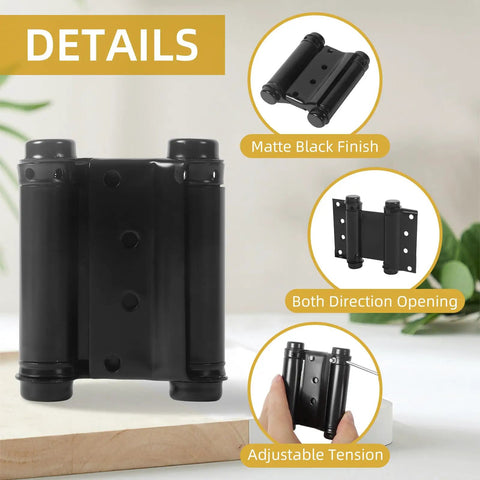 3 Inch Double Action Spring Hinges 4 Pack Matte Black Stainless Steel Self Closing Double Swing Hinges with adjustable tension feature.