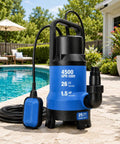 No Stress Heavy Duty 1.5HP Submersible Sump Pump Moving Four Thousand Five Hundred Gallons Per Hour With Twenty Five Foot Cord near a pool.