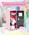 Pink Miniature Metal Locker With Secure Diary Lock And Two Keys For Hella Cute Desk Setup showing cute items inside, sized 10.6 x 4.2 x 4.2 inches.