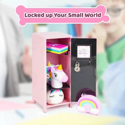 Pink Miniature Metal Locker With Secure Diary Lock And Two Keys For Hella Cute Desk Setup showing cute items inside, sized 10.6 x 4.2 x 4.2 inches.
