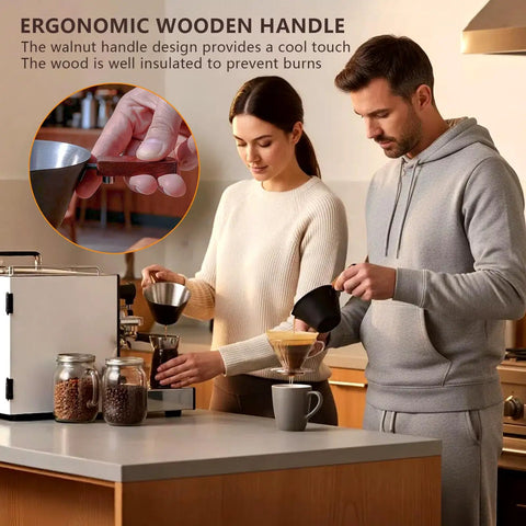 Couple using Stainless Steel Espresso Shot Cup With Built In Scale For Precise Measuring In Milliliters And Ounces Dual Scale Wide Mouth