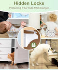 Multiple images showing children and a cat opening cabinets, highlighting Magnetic Cabinet Locks For Baby Proofing, 12 Pack With 3 Keys.