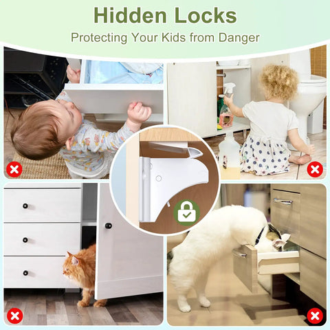 Multiple images showing children and a cat opening cabinets, highlighting Magnetic Cabinet Locks For Baby Proofing, 12 Pack With 3 Keys.