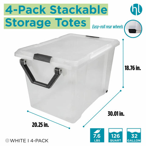 Hella Spacious Thirty Two Gallon Wheeled Storage Totes With Clear Plastic Rolling Bins And Lock Tight Lids For Effortless Moving Loads Smart Garage Makeover And Playroom Stash Setup Four Pack Bundle 32 gallon clear bin with wheels and lid