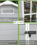 6x4 Ft Resin Outdoor Storage Shed with Floor Lockable Door Weatherproof Plastic Shed close-up of details like ventilation and lock