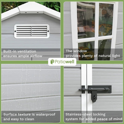 6x4 Ft Resin Outdoor Storage Shed with Floor Lockable Door Weatherproof Plastic Shed close-up of details like ventilation and lock