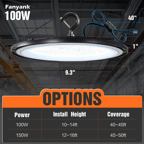 LED High Bay Light 100W UFO Style With US Plug, 15000lm Daylight 5000K, Heavy Duty High Bay Shop Light shown in warehouse setup