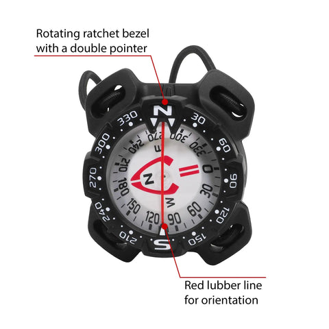Bungee Mount Scuba Dive Compass With Glow In The Dark Face For Night Dives And Low Vis Conditions Pro Grade Waterproof
