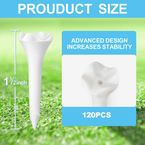 1.5 Inch Plastic Golf Tees Pack Of 120 With Low Friction Tech, white tee design, advanced stability, suitable for driving range