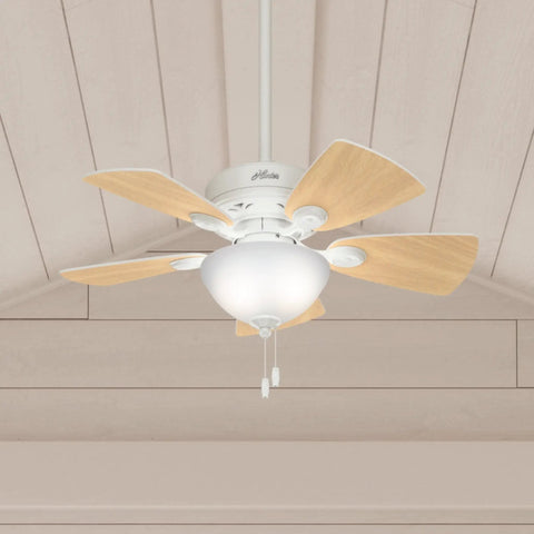 34 Inch Watson Ceiling Fan With LED Light Kit In Snow White Finish, shown on a wooden ceiling, featuring pull chain and multi-speed motor