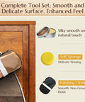Complete tool set for furniture care with polishing cloth, soft sponge, and natural wood finishing wax.