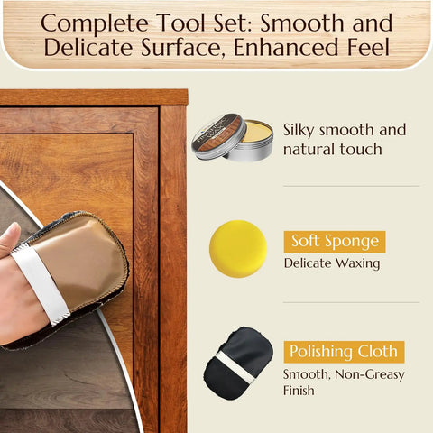 Complete tool set for furniture care with polishing cloth, soft sponge, and natural wood finishing wax.